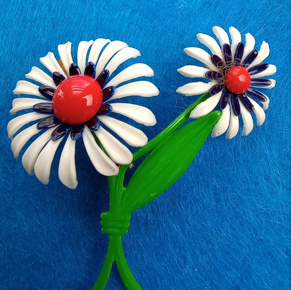 Enameled Metal & Vinyl Double Stem Flower Brooch Pin Red White Blue and Green - Picture 6 of 6